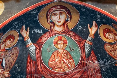 Byzantinisches Fresko aus dem 15. Jahrhundert Die Heilige Maria Wandmalerei Michael-Archangel-Kirche in Pedoulas Zypern Bemalte Kirchen UNESCO-Stätte Troodos, Zypern
